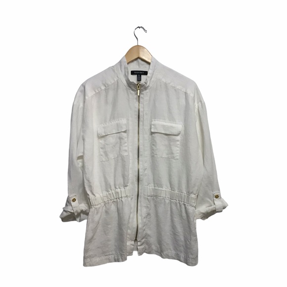 Ellen Tracy Zipper Front White Linen Long Sleeve L - Picture 3 of 6